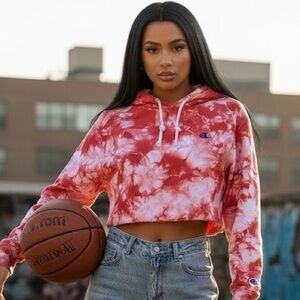 Champion, red/white tie dye long-sleeved cropped hoodie, good condition, XS